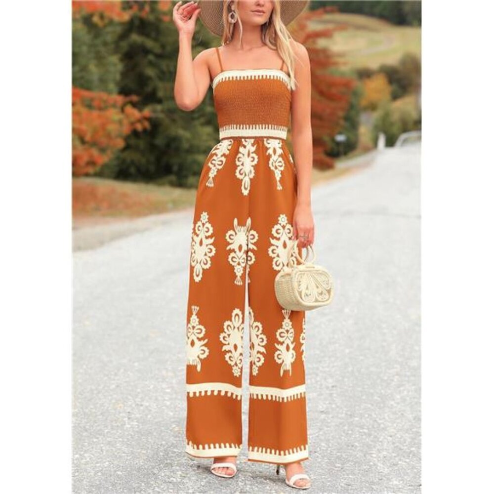 Women's Summer Boho Jumpsuit Spaghetti Strap Wide Leg Pants, Brick Red - Picture 6 of 6